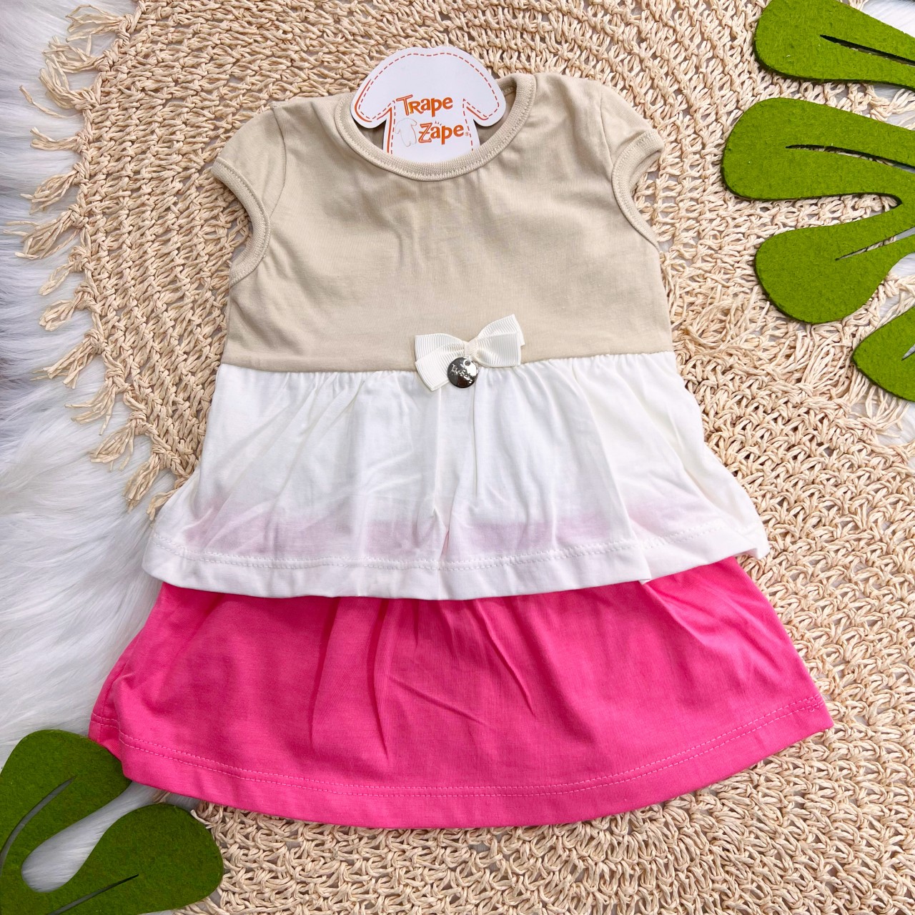 Vestido Três Marias com Lacinho - Areia, Off White e Pink
